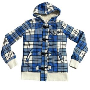 Roxy Gingham Blue White Plaid Sherpa Hooded Jacket Medium Toggles Y2K Logo Zip